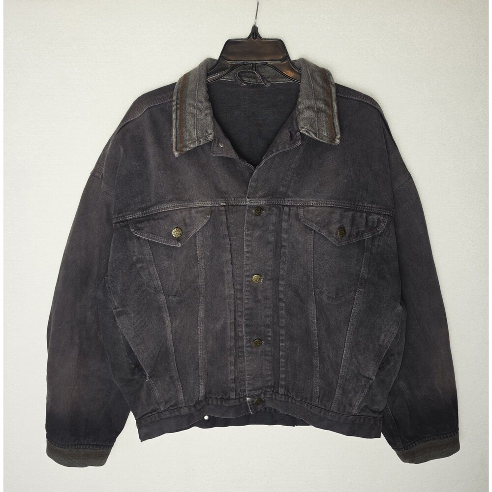 VTG 90s Black Denim Jean Jacket N&B Distressed Faded Grunge Mens Medium